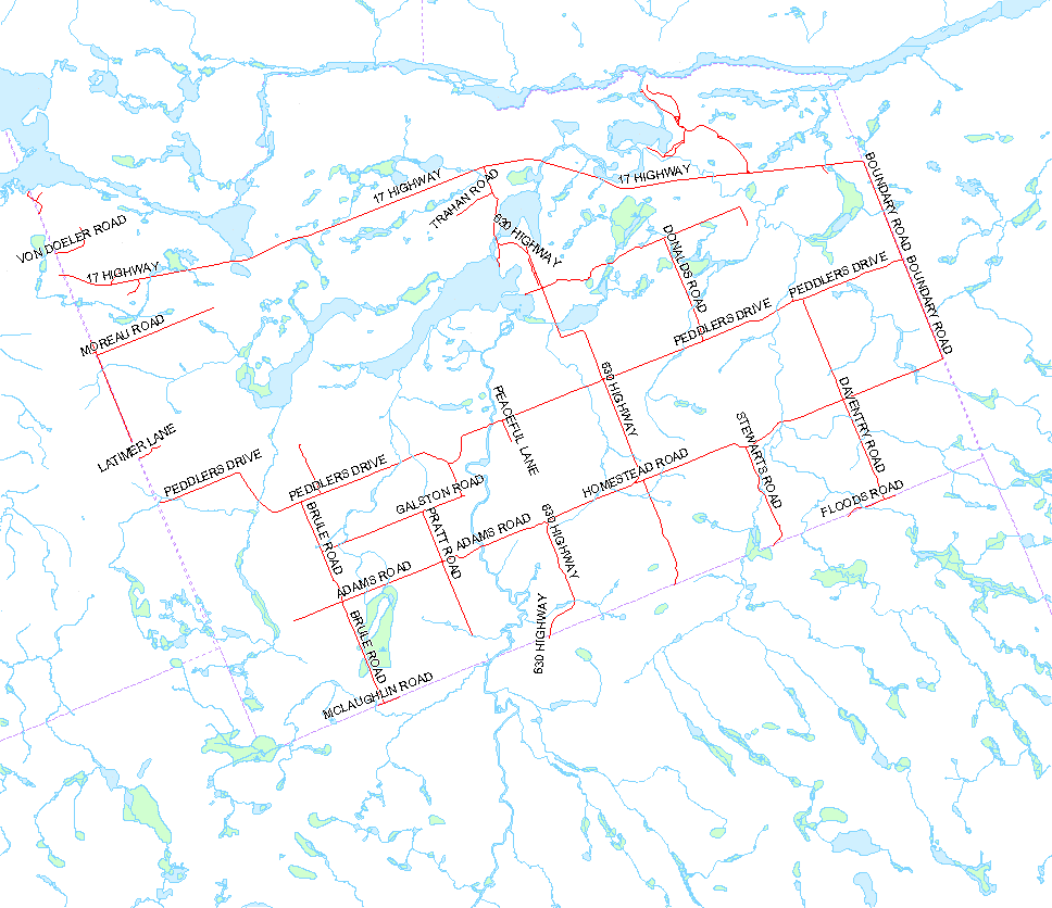 Image of a map of the Municipality of Calvin with the roads marked as red lines